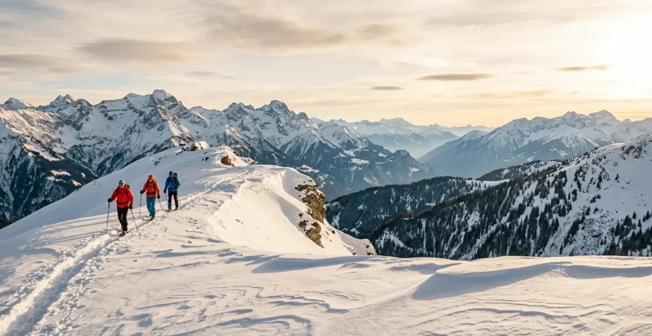 Vue panoramique d'une montagne enneigée avec un groupe de randonneurs en raquettes sur un sentier de crête