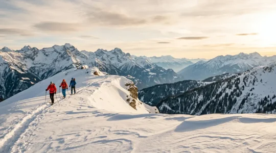 Vue panoramique d'une montagne enneigée avec un groupe de randonneurs en raquettes sur un sentier de crête