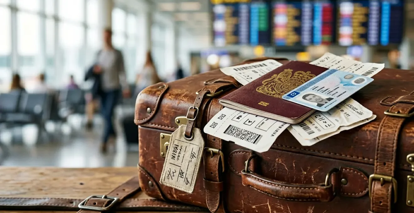 Documents d'identité posés sur une valise avec billets d'avion et étiquettes de voyage en arrière-plan flou