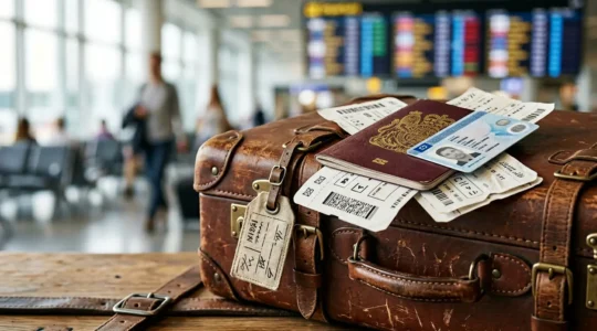 Documents d'identité posés sur une valise avec billets d'avion et étiquettes de voyage en arrière-plan flou