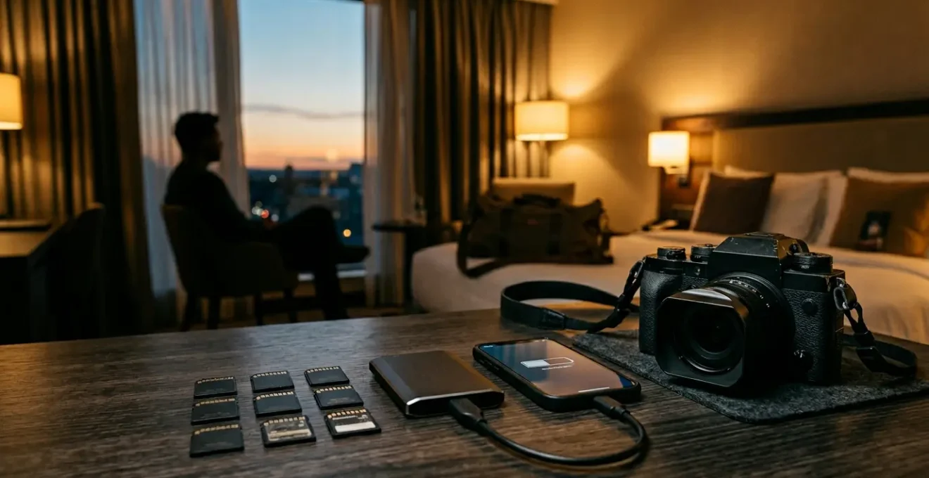 Photographe en voyage gérant ses sauvegardes numériques avec carte SD et disque dur