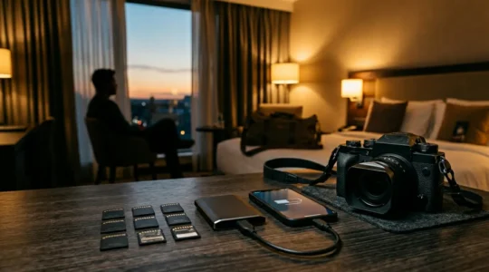 Photographe en voyage gérant ses sauvegardes numériques avec carte SD et disque dur