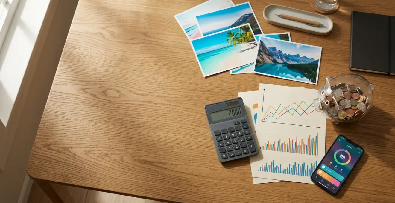 Vue aérienne d'une table en bois avec documents financiers, calculatrice et photos de destinations de vacances, éclairage naturel par fenêtre