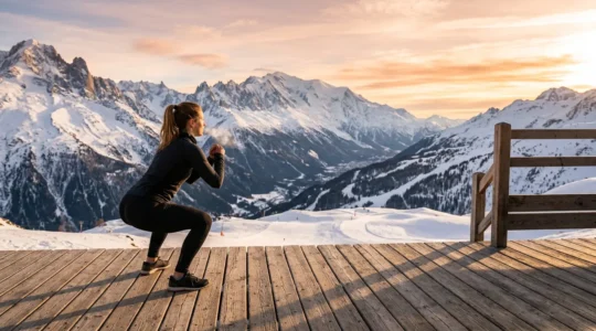 Personne effectuant des exercices de préparation physique pour le ski avec vue sur les montagnes enneigées