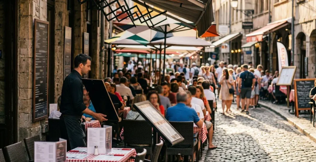 Terrasse bondée de restaurant touristique avec serveur tenant menu multilingue devant une rue animée