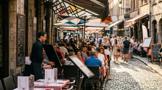 Terrasse bondée de restaurant touristique avec serveur tenant menu multilingue devant une rue animée