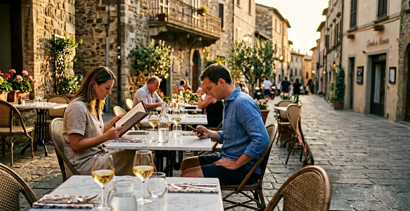 Vue d'une terrasse de restaurant touristique avec des clients consultant leur smartphone, comparant des avis en ligne
