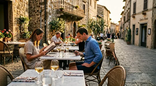 Vue d'une terrasse de restaurant touristique avec des clients consultant leur smartphone, comparant des avis en ligne