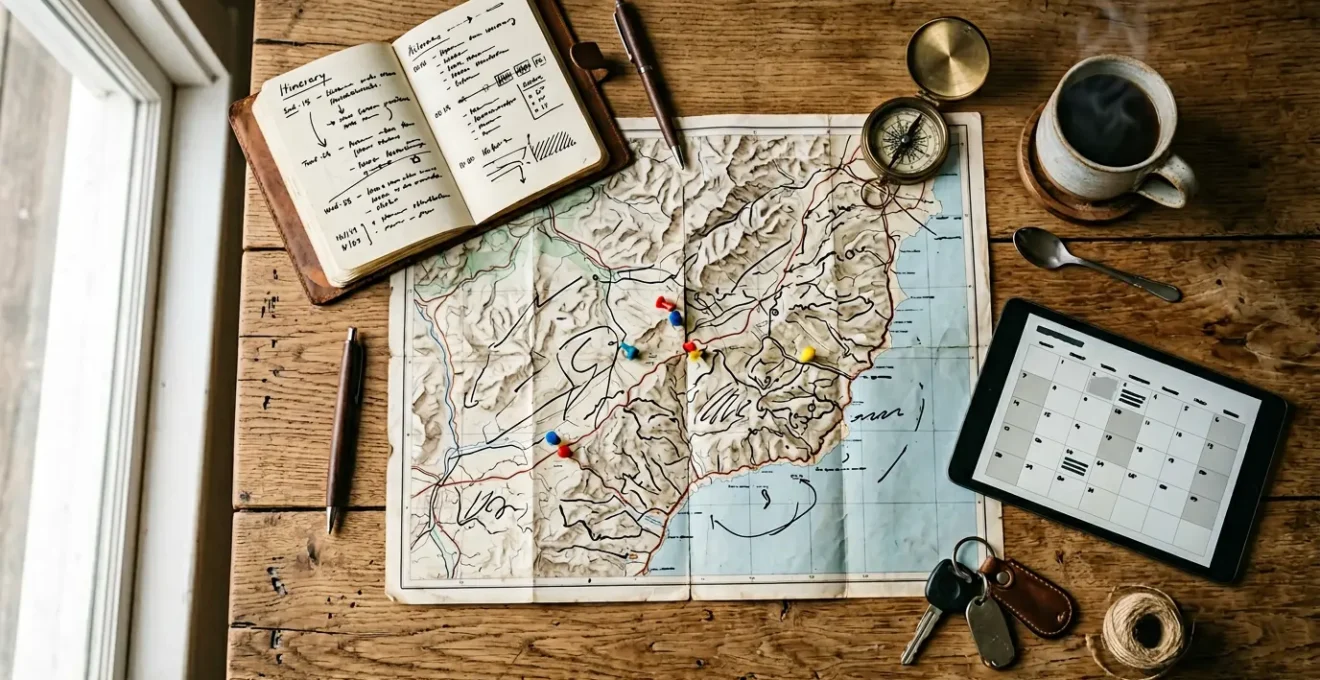 Planification d'un road-trip avec cartes, carnets et outils de rétroplanning sur une table en bois