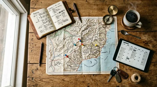 Planification d'un road-trip avec cartes, carnets et outils de rétroplanning sur une table en bois