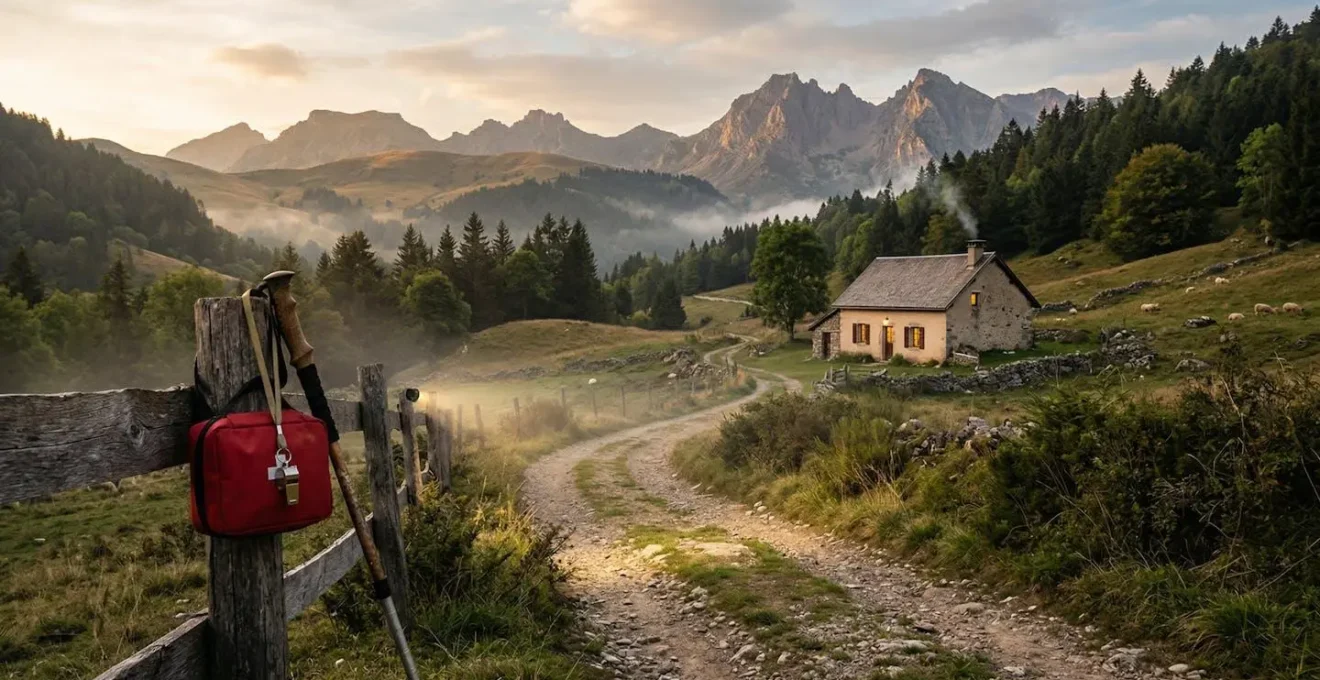 Gîte rural isolé en montagne avec chemin éclairé par une lampe torche et trousse de premiers secours visible
