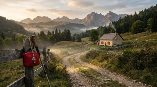 Gîte rural isolé en montagne avec chemin éclairé par une lampe torche et trousse de premiers secours visible