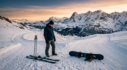 Adulte débutant de plus de 30 ans face à un choix entre ski et snowboard en montagne