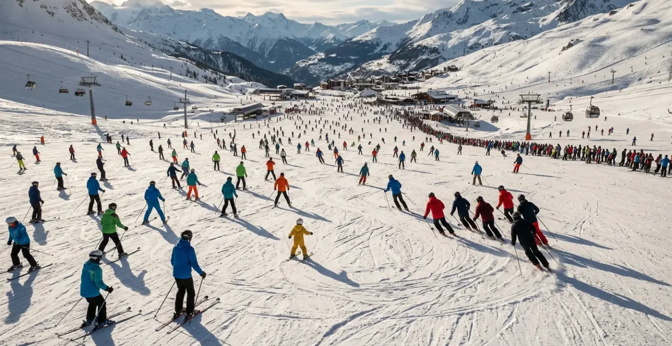 Skieurs de différents niveaux sur une piste bleue avec flux hétérogène