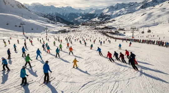 Skieurs de différents niveaux sur une piste bleue avec flux hétérogène