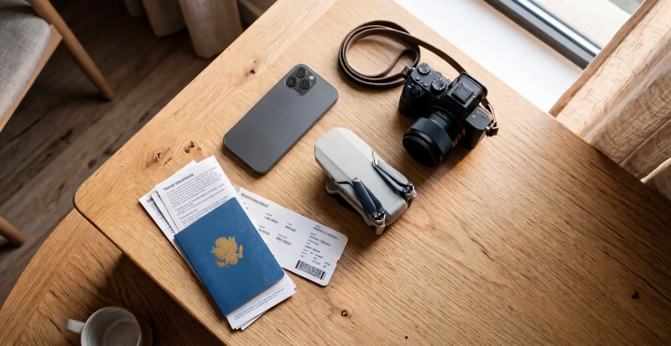 Smartphone, drone et équipement photographique sur table en voyage
