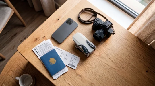 Smartphone, drone et équipement photographique sur table en voyage