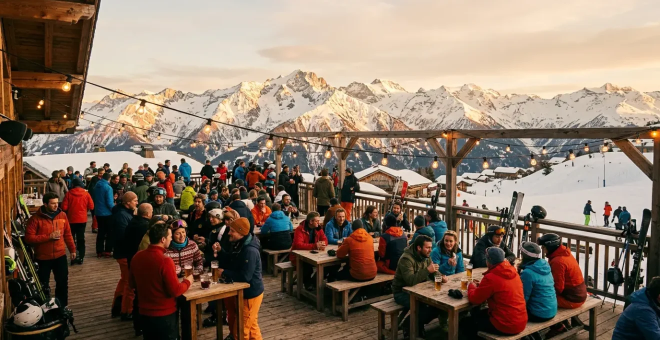 Terrasse d'altitude animée avec skieurs profitant de l'après-ski dans les montagnes françaises