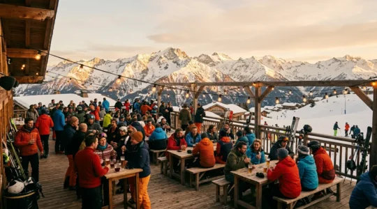 Terrasse d'altitude animée avec skieurs profitant de l'après-ski dans les montagnes françaises