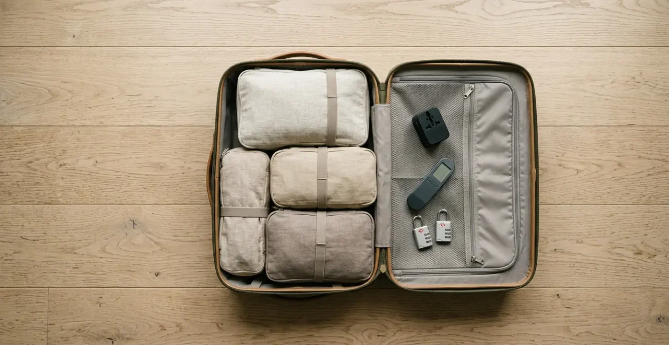 Vue aérienne d'une valise ouverte avec des gadgets de voyage soigneusement organisés dans des compartiments