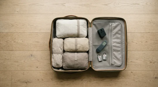 Vue aérienne d'une valise ouverte avec des gadgets de voyage soigneusement organisés dans des compartiments