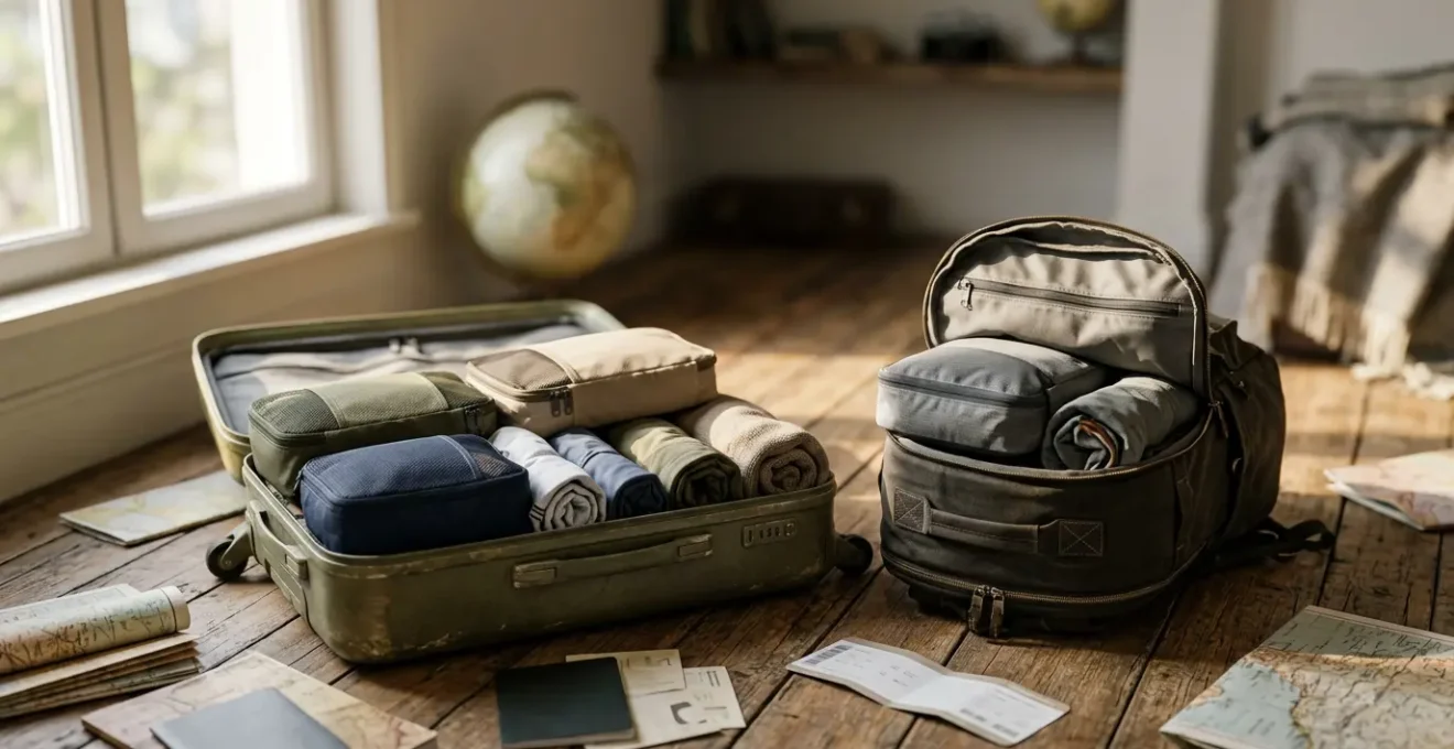 Comparaison visuelle entre une valise rigide et un sac à dos de voyage posés sur une carte routière