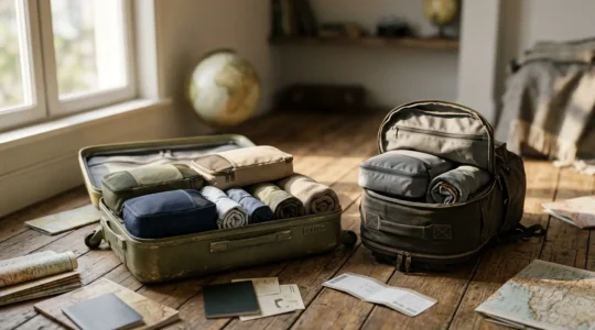 Comparaison visuelle entre une valise rigide et un sac à dos de voyage posés sur une carte routière