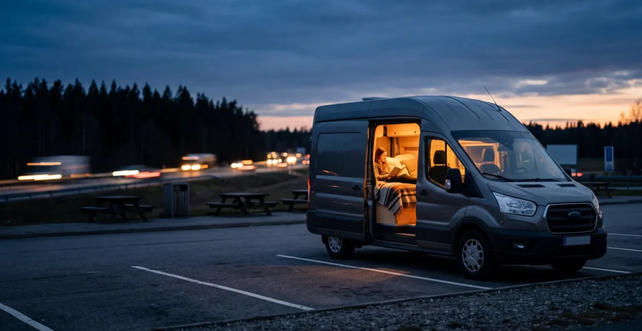 Van aménagé stationné sur une aire de repos au crépuscule avec aménagement intérieur confortable visible par la porte ouverte