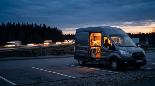Van aménagé stationné sur une aire de repos au crépuscule avec aménagement intérieur confortable visible par la porte ouverte