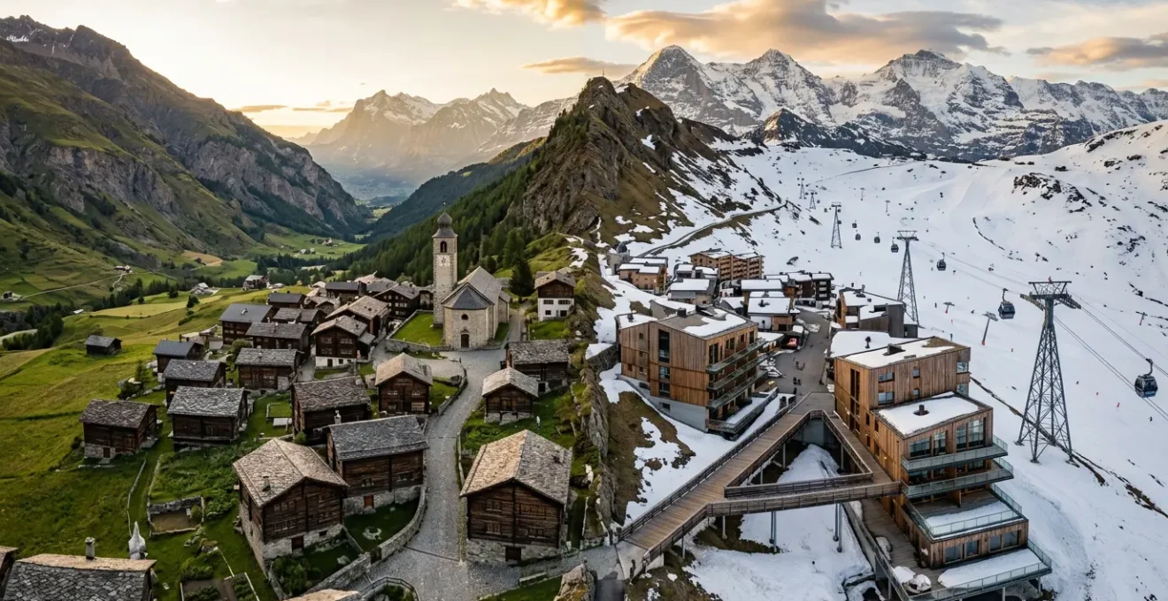 Vue panoramique d'un village de montagne traditionnel avec chalets en bois face à une station moderne piétonne en altitude