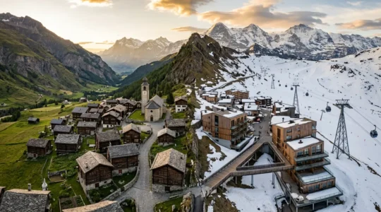Vue panoramique d'un village de montagne traditionnel avec chalets en bois face à une station moderne piétonne en altitude