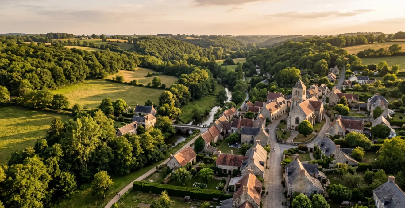 Vue aérienne d'un village français pittoresque niché dans la verdure avec des toits en terre cuite et peu de visiteurs