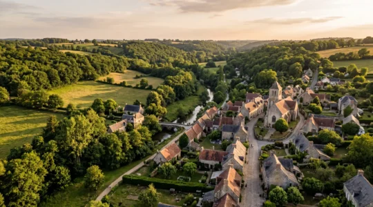 Vue aérienne d'un village français pittoresque niché dans la verdure avec des toits en terre cuite et peu de visiteurs