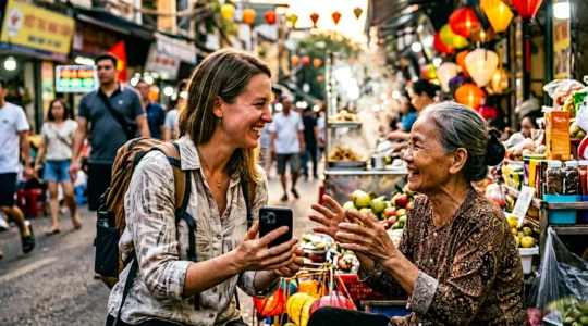 Voyageur utilisant son smartphone pour traduire un menu de rue en Asie