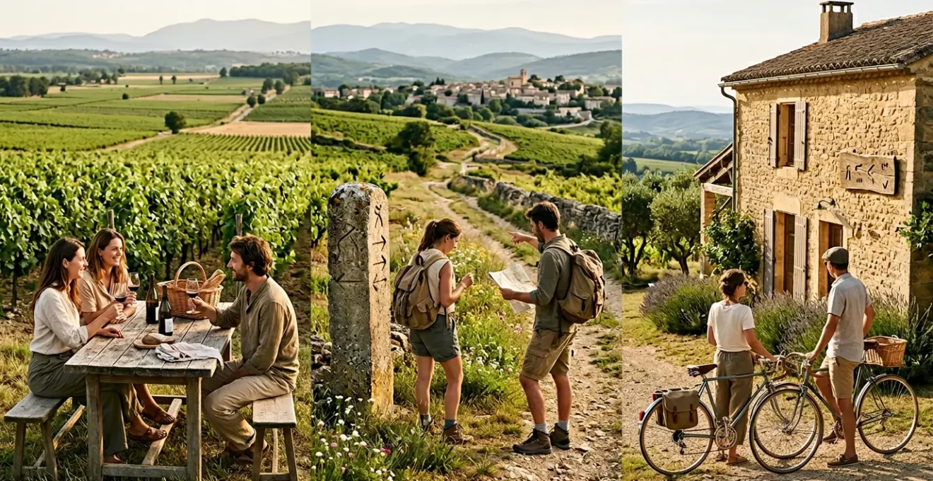 Voyageurs savourant une dégustation en plein air dans un vignoble français au coucher du soleil