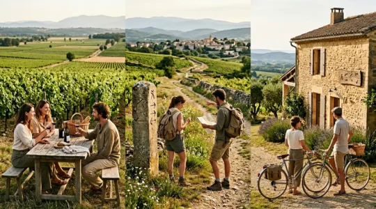 Voyageurs savourant une dégustation en plein air dans un vignoble français au coucher du soleil