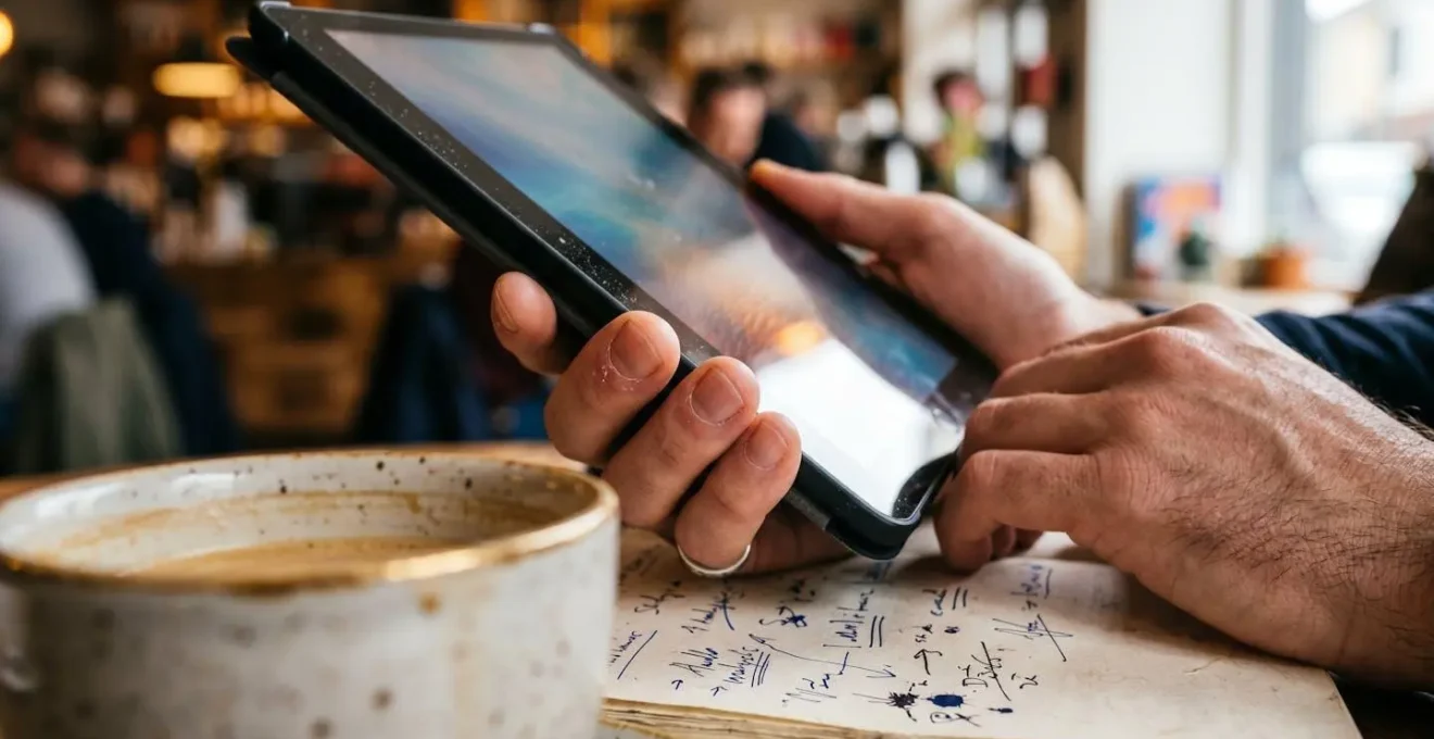 Gros plan sur les mains d'une personne analysant des profils d'avis sur une tablette, avec des notes manuscrites