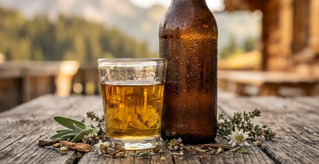 Groupe d'amis partageant un apéro sur une terrasse ensoleillée en montagne