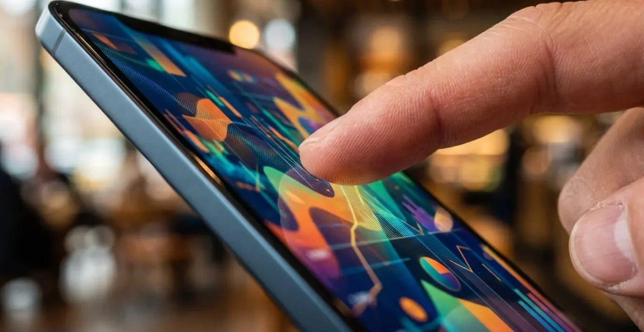 Main tenant un smartphone montrant une interface bancaire stylisée avec des graphiques abstraits