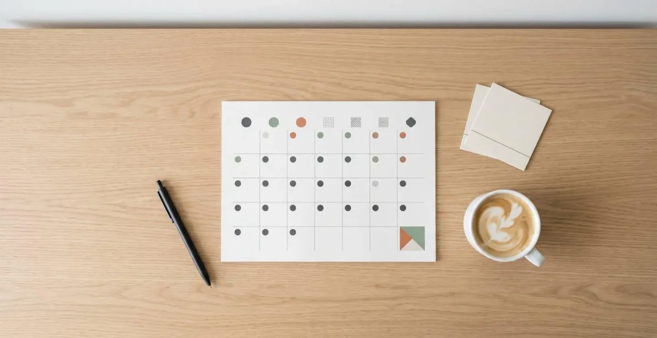 Vue aérienne d'un bureau avec calendrier, stylo et café montrant l'organisation des démarches