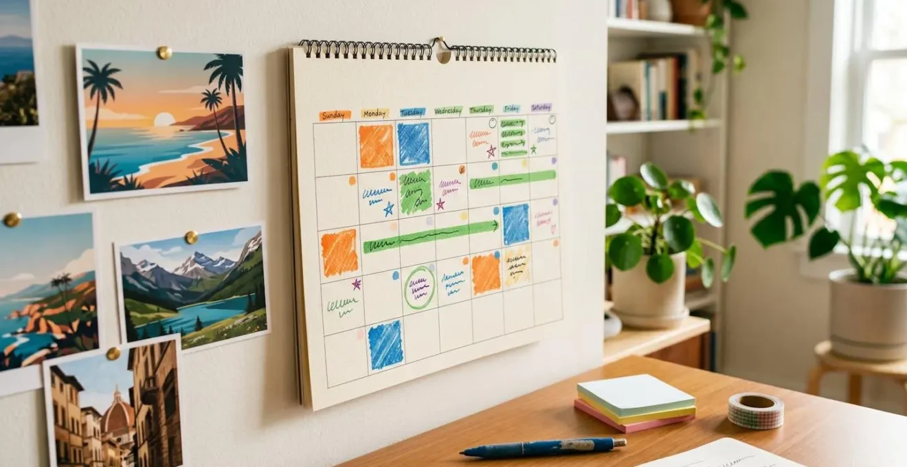 Calendrier mural avec zones colorées marquées et bureau organisé avec fournitures de planification