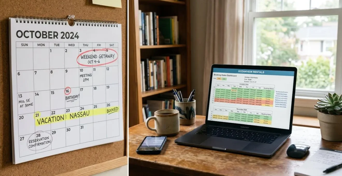 Vue d'un bureau avec calendrier marqué et ordinateur montrant des tarifs de réservation