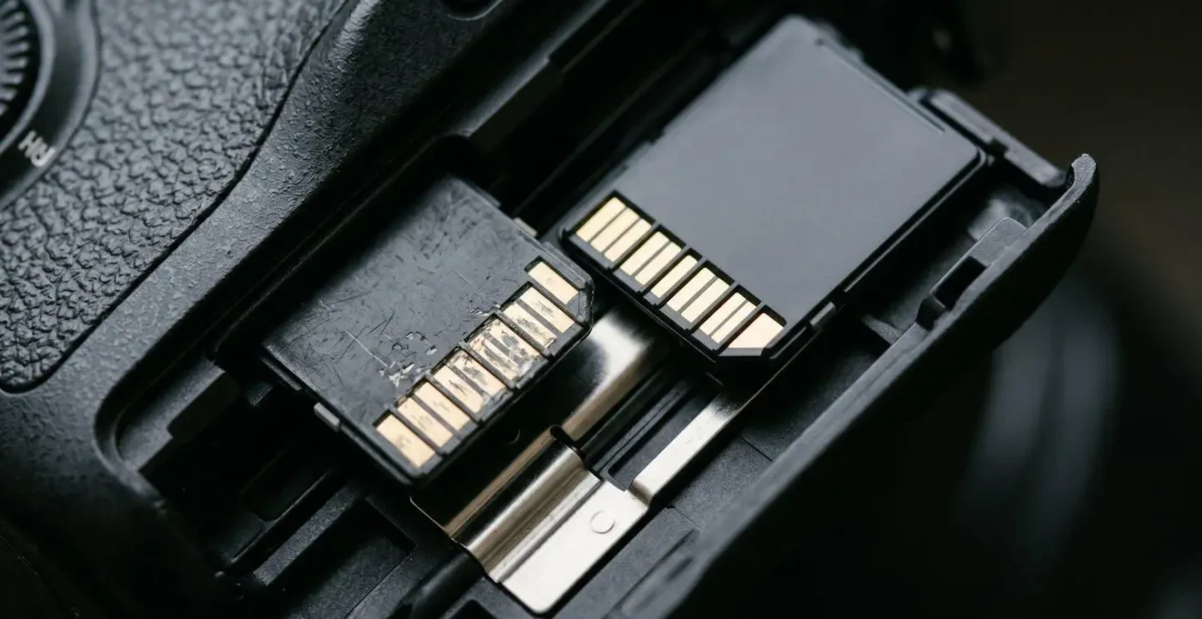 Vue macro de deux cartes SD insérées dans les slots d'un appareil photo professionnel