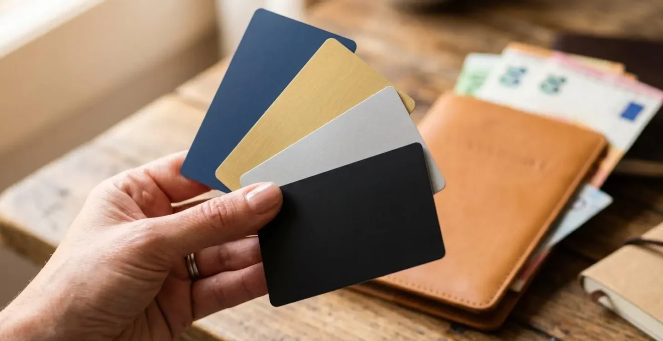 Main tenant un éventail de cartes bancaires de différentes couleurs sur fond de passeport et billets