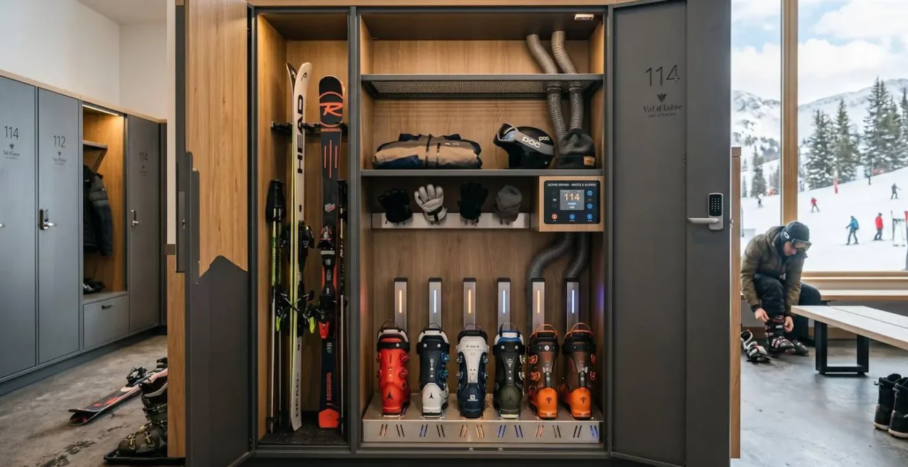 Casier à ski moderne avec système de séchage et chaussures de ski alignées
