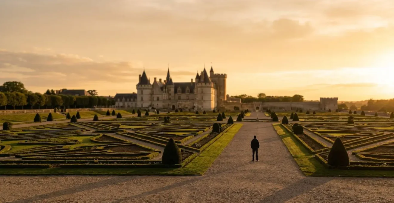 Visiteur contemplant les jardins d'un château de la Loire au coucher du soleil