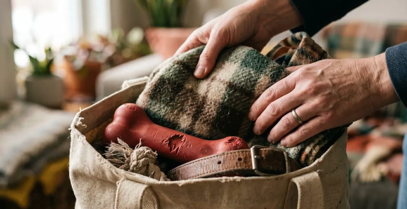 Préparation d'une valise avec des jouets et accessoires pour chien avant le départ en pension