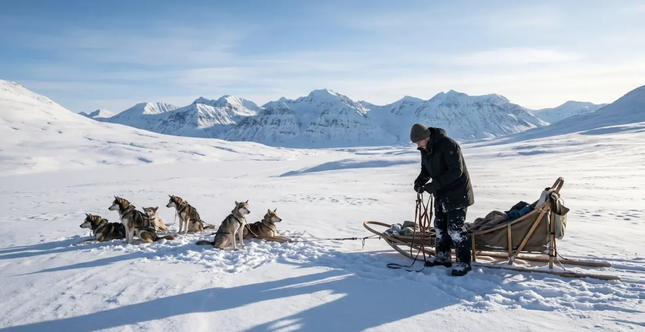 Équipe de chiens de traîneau dans un paysage enneigé de montagne, symbolisant une activité rare à réserver très à l'avance.