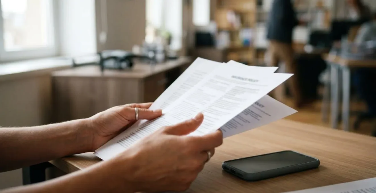 Mains comparant des documents d'assurance sur un bureau avec un smartphone et un drone en arrière-plan