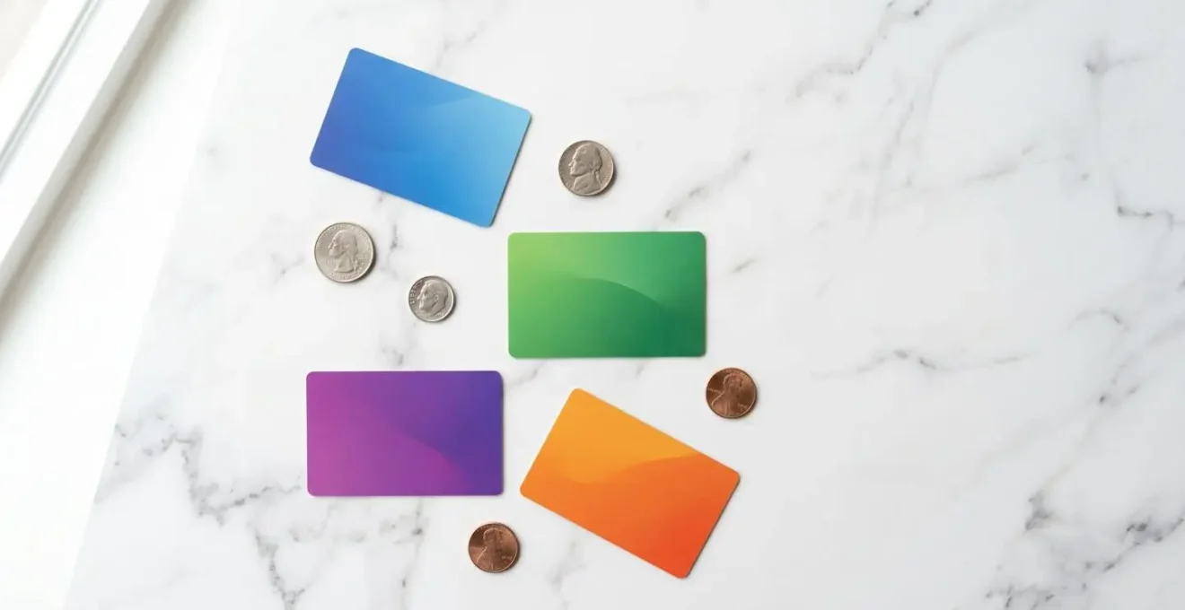 Vue aérienne minimaliste de plusieurs cartes bancaires disposées sur une surface neutre avec ombres douces